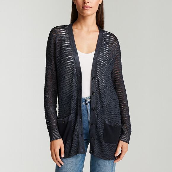 Cache Vintage Y2K Metallic Navy Open Knit Button Front Cardigan Size XL - Picture 1 of 7